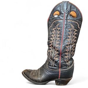 Vintage Tony Lama Buckaroo Riding Boots Black Bullhide Tall Western Boots 6.5 D